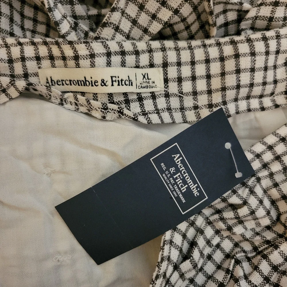 Abercrombie White Black Check Linen Blend Mini Skirt